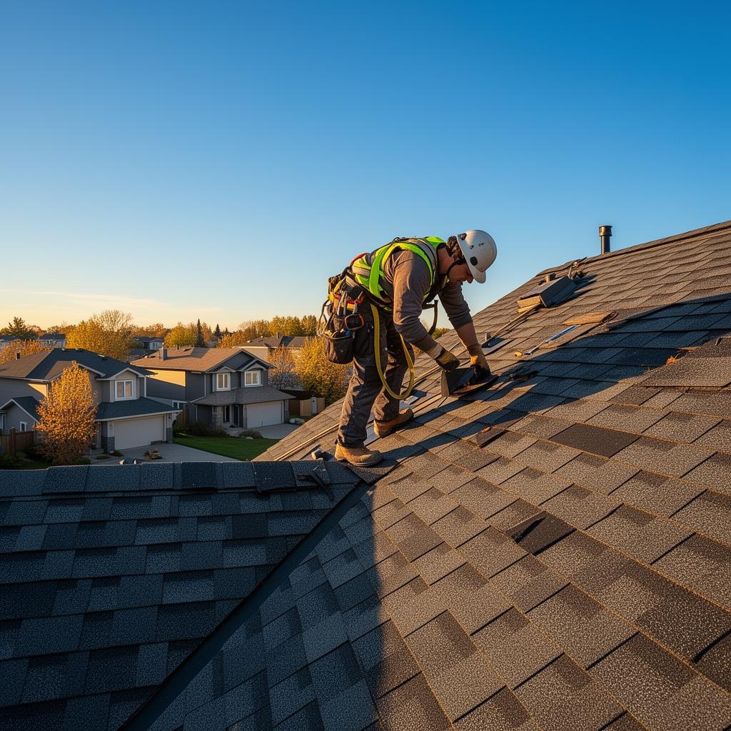 Roofer installing shingles on an Ottawa home